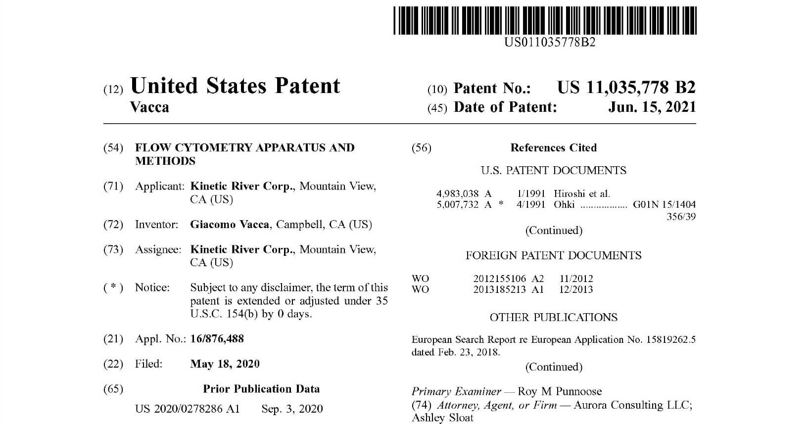 Screenshot of text at top of Patent 11035778.